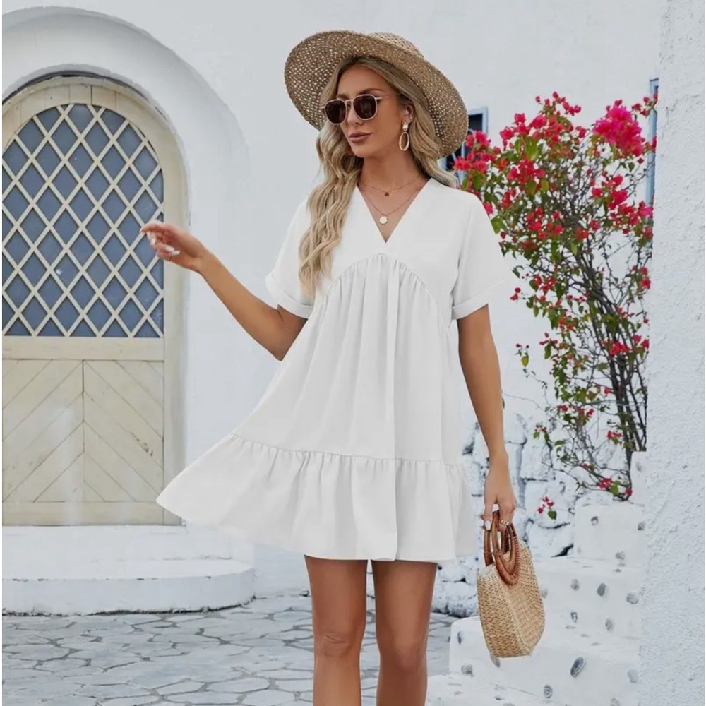 White dress ,V Neck Tiered Short Sleeve Dress,